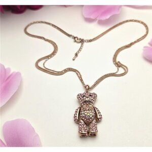 Rose Gold Tone Teddy Bear Pendant Necklace Pink AB Rhinestones 20 in Adj.